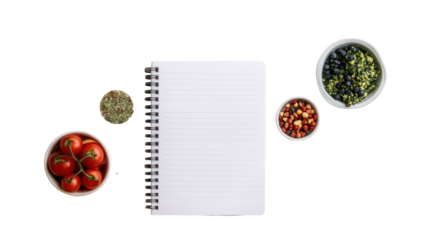 Cooking recipe book with fresh ingredients on transparent background