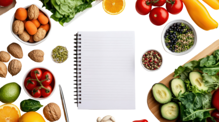 Healthy food notebook flat lay on transparent background