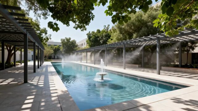 Medium shot of urban courtyard with water features and shaded walkways highlighting combined passive cooling methods using air flow and shade.