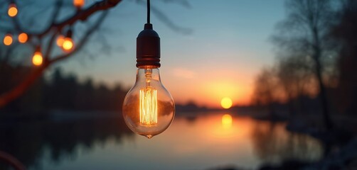 Hanging light bulb glows warmly over lake at sunset. Blurred string lights add festive mood. Dusk sky reflects on calm water. Serene nature scene offers peaceful atmosphere.