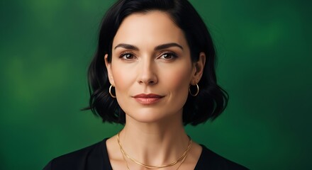 Professional woman with dark hair smiles subtly against a green backdrop.