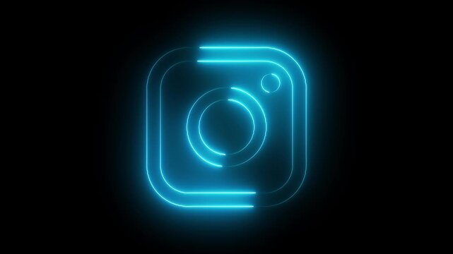 Neon instagram logo glowing with pink and teal lights on a black background design element