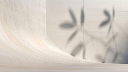 Curved wooden surface reflecting soft shadows from leafy plants