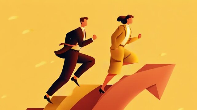 Illustration of a businessman and businesswoman running up a large arrow on a yellow background, conveying a sense of growth and progress in a corporate setting.