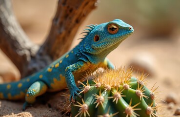 Fototapeta premium Blue and yellow spiny lizard rests on prickly green cactus. Reptile has orange eye detail, arid desert habitat. Wildlife fauna, close-up view.