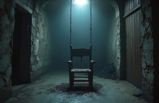 Medieval torture chair hanging in dark dungeon. Wooden suspended from chains. Illustration of interrogation room depicts horror crime history punishment.