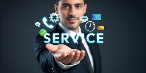 Man offering service with icons for communication and support customer