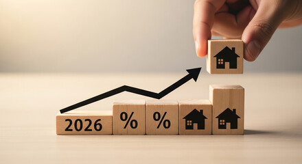 Wooden cube with house icon, percentage symbol, and date 2026, arranged as rising bar graph, symbolizing property market growth or investment forecast