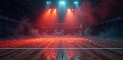 Glow-in-the-dark wood volleyball court, smoky haze, lines, volleyball
