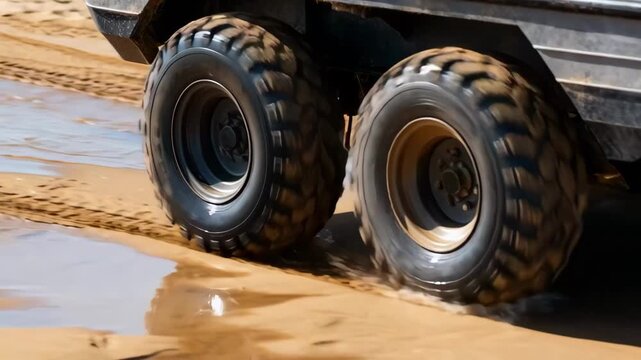 Closeup medium shot of amphibious vehicle wheels rolling over wet sand emphasizing robust tires built for both aquatic and offroad conditions.