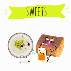 Funny Characters namoura, Turkish dessert, Kazandibi, Muhallebi, Tavuk Gogsu. Hand drawn vector illustration.