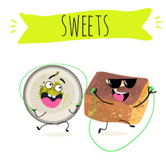 Funny Characters namoura, Turkish dessert, Kazandibi, Muhallebi, Tavuk Gogsu. Hand drawn vector illustration.