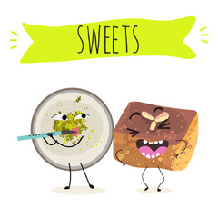 Funny Characters namoura, Turkish dessert, Kazandibi, Muhallebi, Tavuk Gogsu. Hand drawn vector illustration.