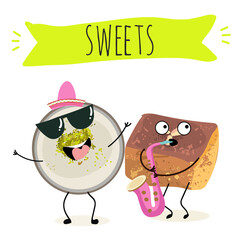 Funny Characters namoura, Turkish dessert, Kazandibi, Muhallebi, Tavuk Gogsu. Hand drawn vector illustration.