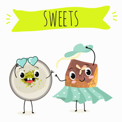 Funny Characters namoura, Turkish dessert, Kazandibi, Muhallebi, Tavuk Gogsu. Hand drawn vector illustration.
