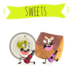 Funny Characters namoura, Turkish dessert, Kazandibi, Muhallebi, Tavuk Gogsu. Hand drawn vector illustration.