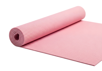 Unrolled pink yoga mat for fitness, pilates and stretching exercises isolated on white background