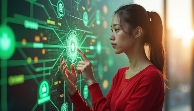 Asian woman works with quantum computing interface. She touches screen with digital data. Innovation tech future shown. Female scientist in red shirt interacts with innovative computer panel. - Powered by Adobe