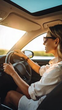 Woman driving with the open sunroof in vehicle during sunny day, experiencing freedom and enjoying warm roadtrip in summer with elegant fashion sunglasses