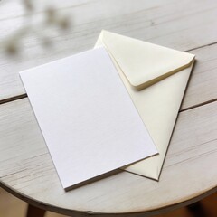 Blank white greeting card mockup with cream envelope on white wooden table with blurred background, top view flat lay with copy space for invitation design