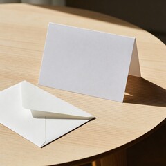 Blank folded greeting card standing with envelope on round wooden table with hard shadow, minimal mockup for message or graphic design