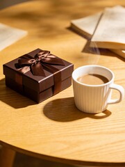 Brown gift box with ribbon bow and hot coffee cup with steam on wooden table with books, cozy reading and relaxation time