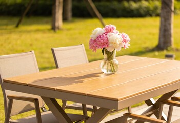 Wooden garden table and chairs with vase of pink and white peonies outdoors on green lawn under sunlight, peaceful summer backyard dining scene with copy space