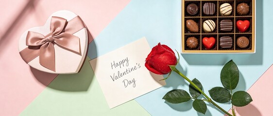 Valentine's Day flat lay with heart shaped gift box, assortment of chocolate pralines, red rose, and greeting card on pastel geometric background