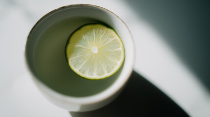 sake. Thin slice of sudachi lime on the rim of a ceramic cup filled with clear sake. bar promotions, beverage menus, designed for food & beverage menus and cafe branding.