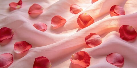 Abstract romantic background of pink silk fabric with scattered red rose petals and soft sunlight, elegant texture for wedding or Valentine's Day design