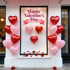 Shop window display decorated with red and pink heart balloons and Happy Valentine's Day text sticker, festive retail storefront promotion