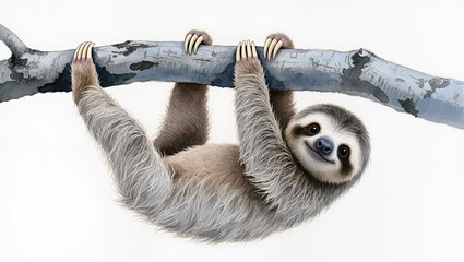Obraz premium Cute sloth hanging on a branch illustration. Funny smiling animal character in a watercolor style isolated on a white background