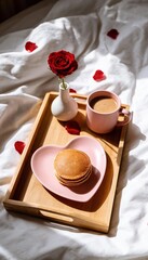 Romantic breakfast in bed concept with pancakes on heart shaped plate, pink coffee mug, and single red rose on wooden tray with scattered petals on white linen sheets