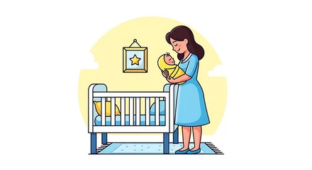 Mother lovingly holds her newborn baby near a crib.