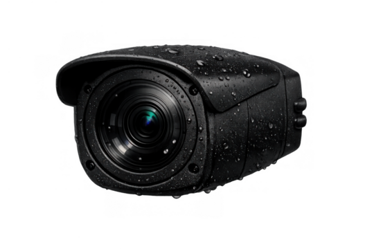 Black outdoor surveillance camera covered with raindrops providing security and monitoring on transparent background - Powered by Adobe