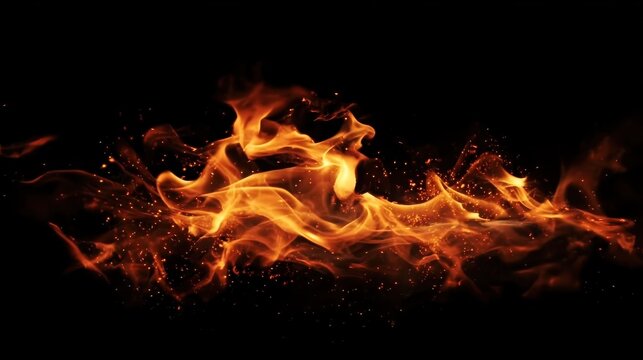 Flames on black background representing passion, power, for dramatic visual, background design, thematic project