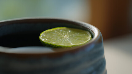 sake. Thin slice of sudachi lime on the rim of a ceramic cup filled with clear sake. bar promotions, beverage menus, designed for food & beverage menus and cafe branding.