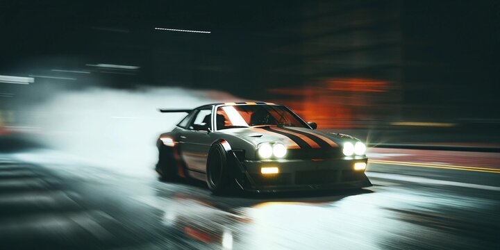 high speed drift car night urban racing motion blur cinematic wet road performance
