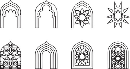Fototapeta premium Islamic Geometric Arches and Ornaments Set, Minimalist Arabic Line Art Icons for Ramadan and Eid Decoration