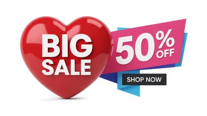 Big sale heart with 50% off discount and shop now button isolated on white background