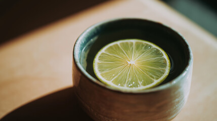 sake. Thin slice of sudachi lime on the rim of a ceramic cup filled with clear sake. bar promotions, beverage menus, designed for food & beverage menus and cafe branding.