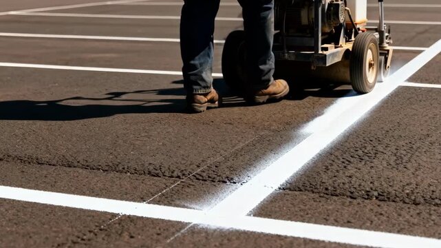 Medium shot of a worker applying bright white paint on asphalt parking lot lines using a striping machine under clear weather.