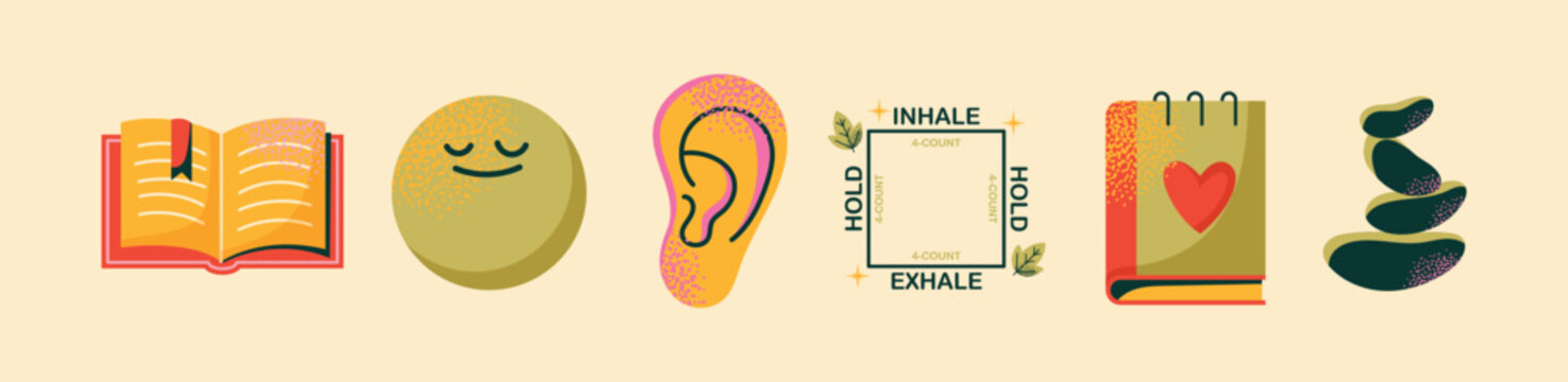 Mental Health and Mindfulness Vector Icon Set with Box Breathing Exercise, Journaling, Meditation, Deep Listening, and Wellness Symbols for Stress Relief, Self-Care, and Emotional Balance concept