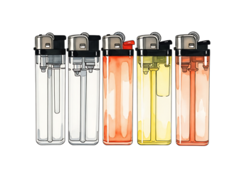 Collection of Colorful Transparent Disposable Lighters Illustration in a Watercolor Sketch Style