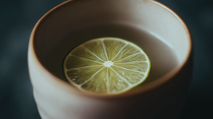 sake. Thin slice of sudachi lime on the rim of a ceramic cup filled with clear sake. bar promotions, beverage menus, designed for food & beverage menus and cafe branding.