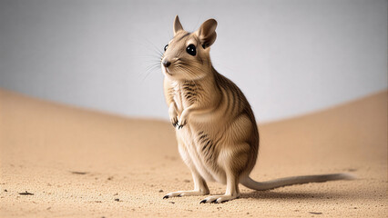 Close-up of Cape Springhare standing on desert sand with bright background.