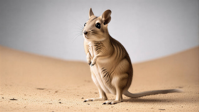 Close-up of Cape Springhare standing on desert sand with bright background.