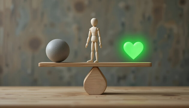 Work life balance and mental health vs financial goals concept with wooden figures for corporate wellness landing page banner - Powered by Adobe