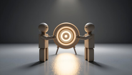 Business goals and work life balance concept with wooden figures and glowing target for corporate strategy website banner