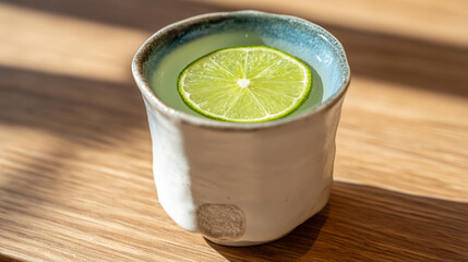 sake. Thin slice of sudachi lime on the rim of a ceramic cup filled with clear sake. bar promotions, beverage menus, designed for food & beverage menus and cafe branding.